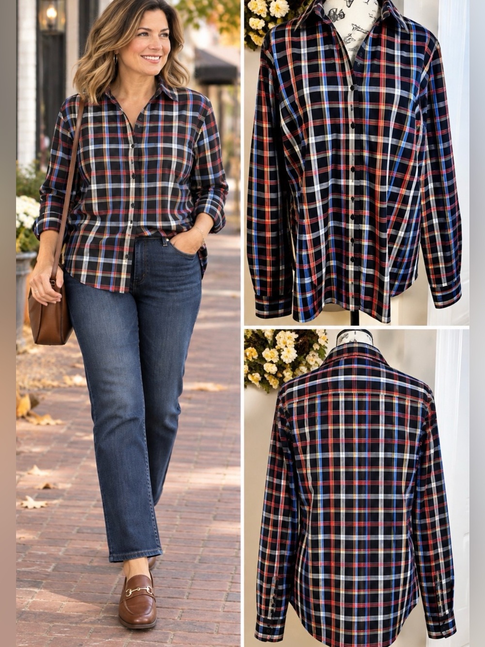 ORVIS Carefree Wrinkle Free Plaid Button
Down Shirt Black Multicolor Sz 18 💛